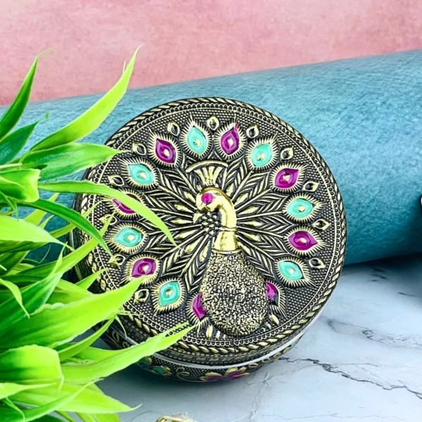 Peacock Embossed Oxidized Meenakari Steel Box (Golden)