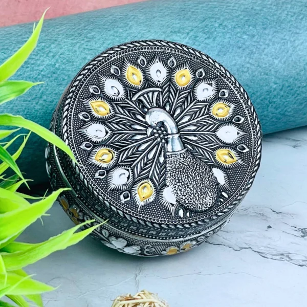 Peacock Embossed Oxidized Meenakari Steel Box (Silver)
