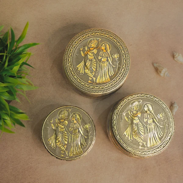 Stainless Steel Container with Lid Radha Krishna | Oxidized Meenakari Snack Box Pack of 3