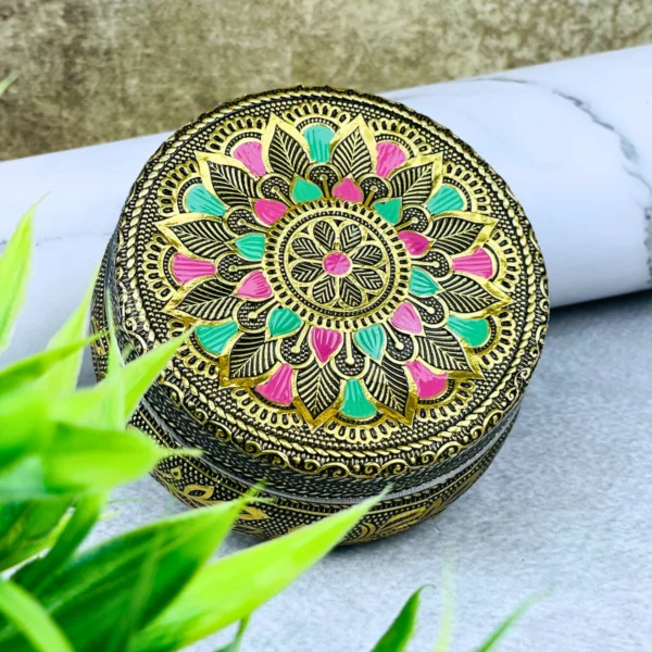 Floral Mandala Oxidized Meenakari Steel Box