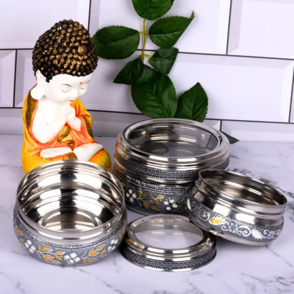 Steel Utility Containers Set with Transparent Lid | Oxidized Meenakari Storage Boxes