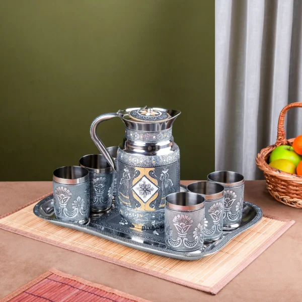 Glass Jug Set with Serving Tray | Stainless Steel Water Jug with 6 Glasses