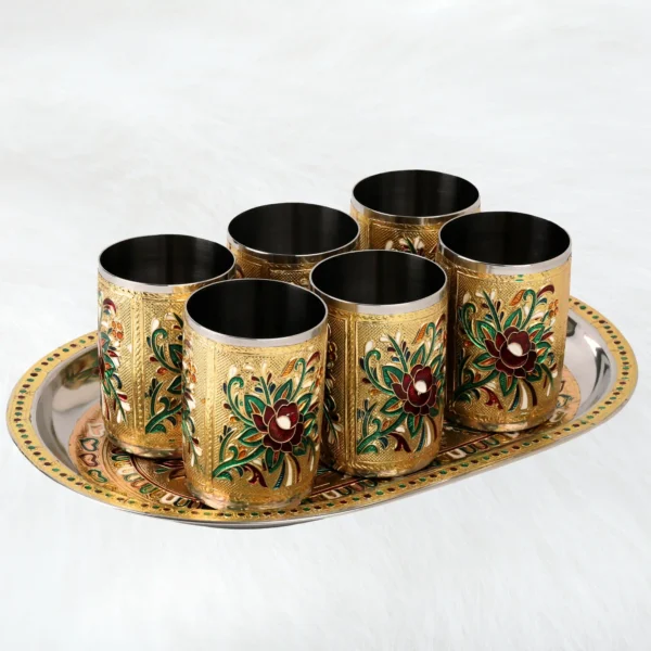 Glass Tray Set Steel Serving Set | Flower Meenakari Glass Tray for Water & Juice