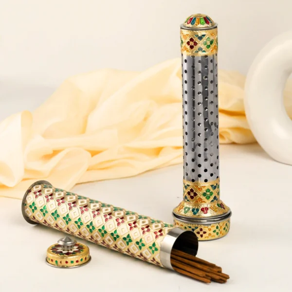 Meenakari Incense Stick Stand & Storage box | Steel Agarbatti Holder for Pooja & Gifts