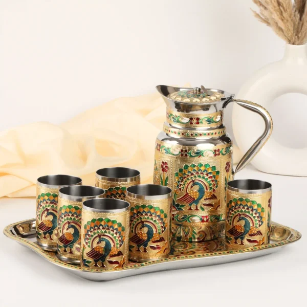 Lemon Set Steel Jug Glass Tray Set | Peacock Serving Set for Drinks & Gifting