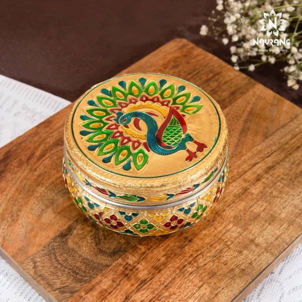 Golden Meenakari Peacock Steel Dabba 300 ml | Utility Container for Kitchen