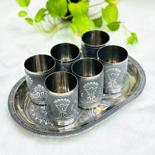 Serving Meenakari Steel Glass Tray Set | Snacks & Drinks Serving Tray Set