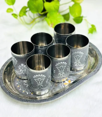 Meenakari Steel Tray Set with glasses
