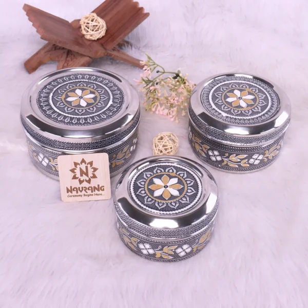 Oxidized Meenakari Steel Utility Containers Set of 3 | Round Storage Boxes