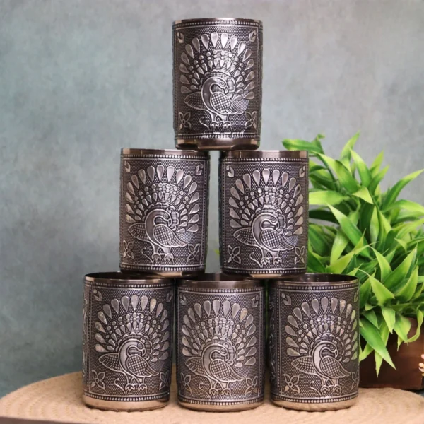 Oxidized Meenakari Steel Glasses Set of 6 | Floral Engraved Drinking Glass Set