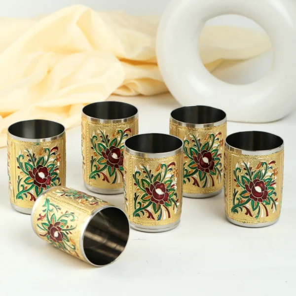 Meenakari Floral Steel Glass Set | Decorative Drinkware for Water & Juice