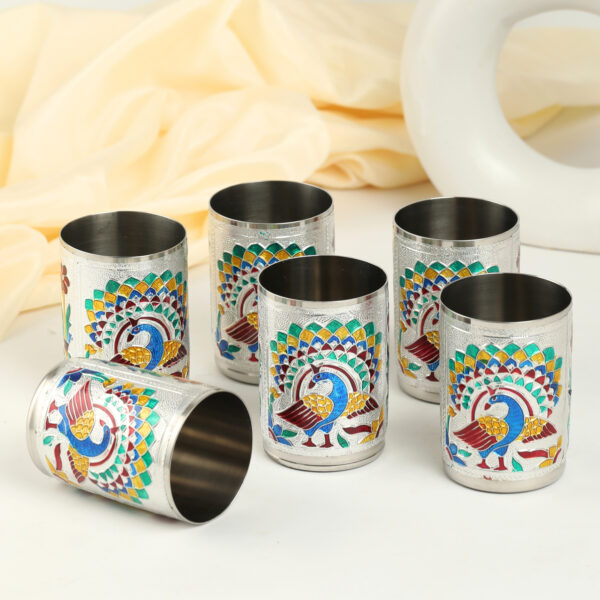 Decorative Peacock Steel Glass Set | Stainless Steel Tumblers for Water & Juice