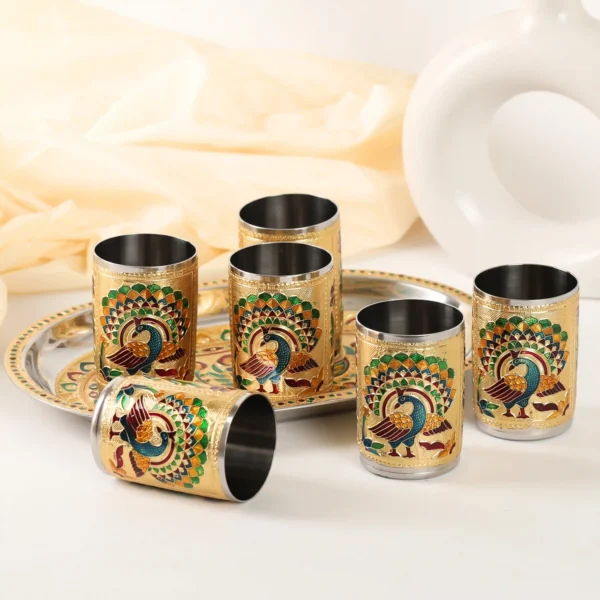 Peacock Meenakari Glass Tray Set | Steel Serving Tray for Water & Snacks