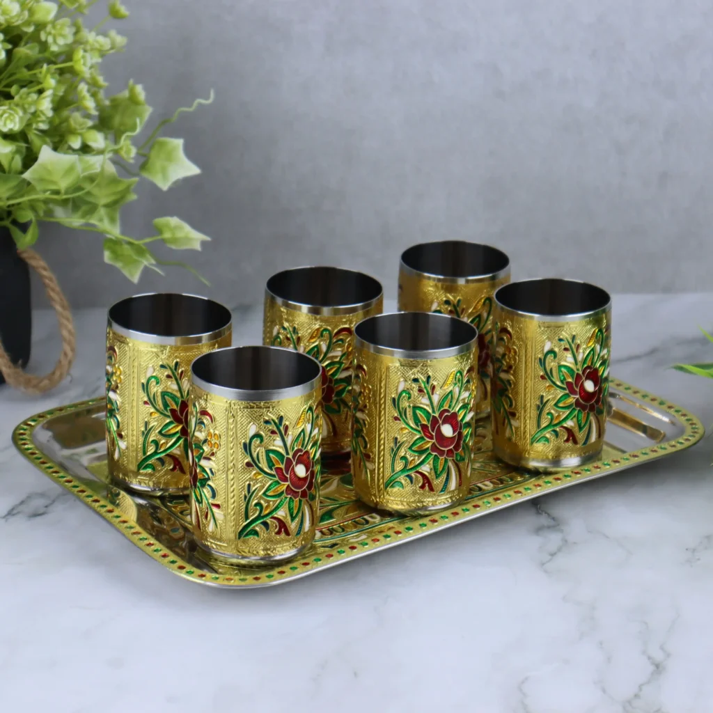 Flower Meenakari Glass Tray stainless steel