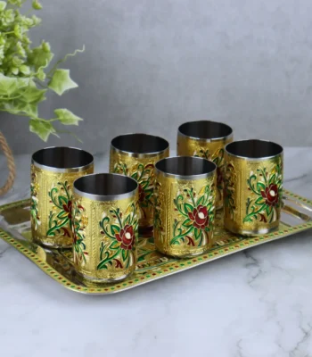 Flower Meenakari Glass Tray stainless steel