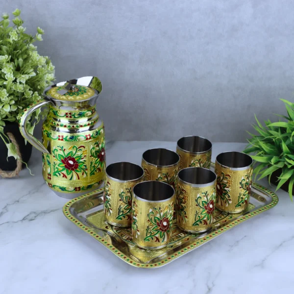 Flower Meenakari Lemon Set jug glasses tray