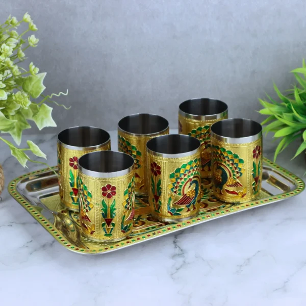 Peacock Meenakari Steel Glasses serving set
