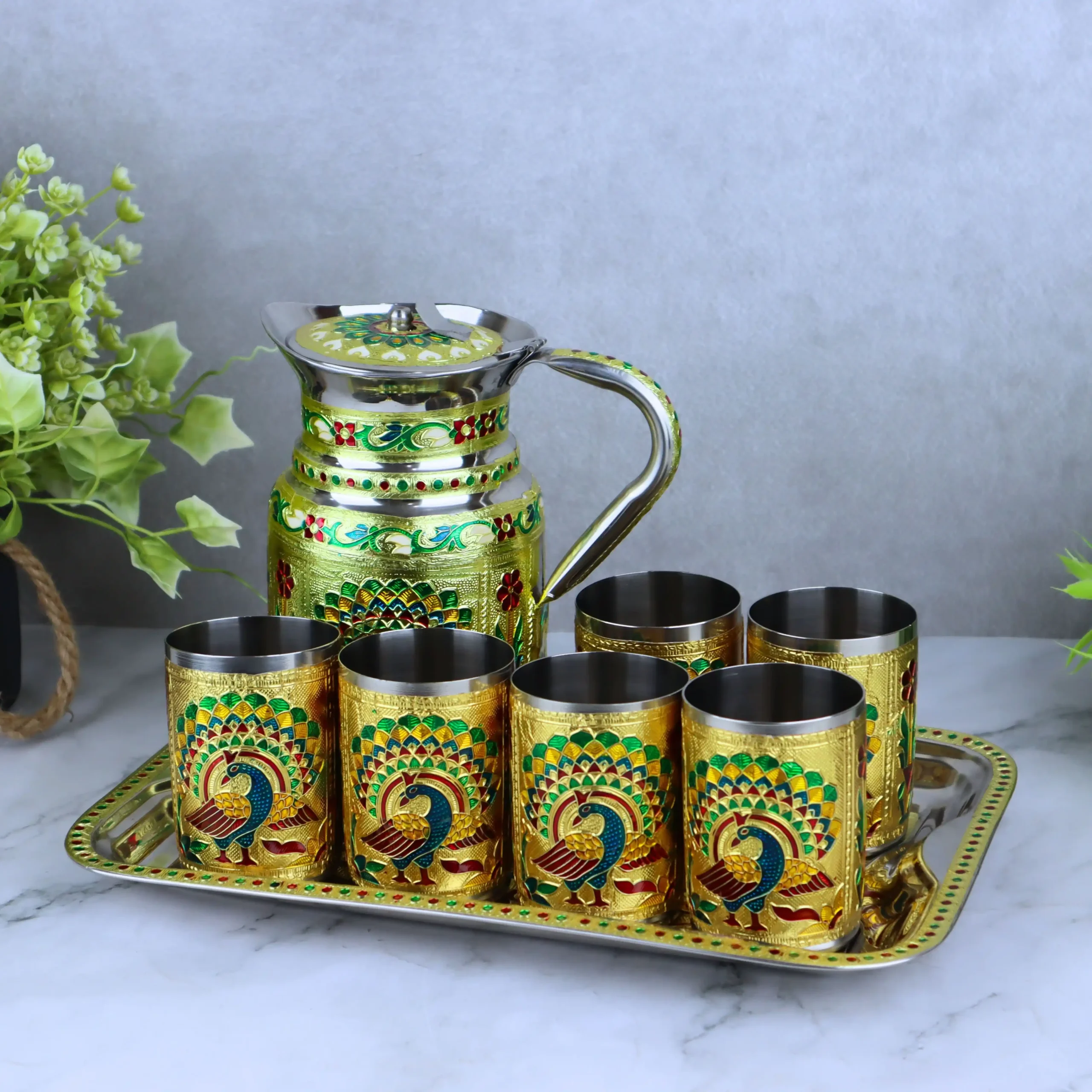 4x4 N1517 Peacock Jug Glass Tray Set 1 Peacock Meenakari Lemon Set jug glasses tray