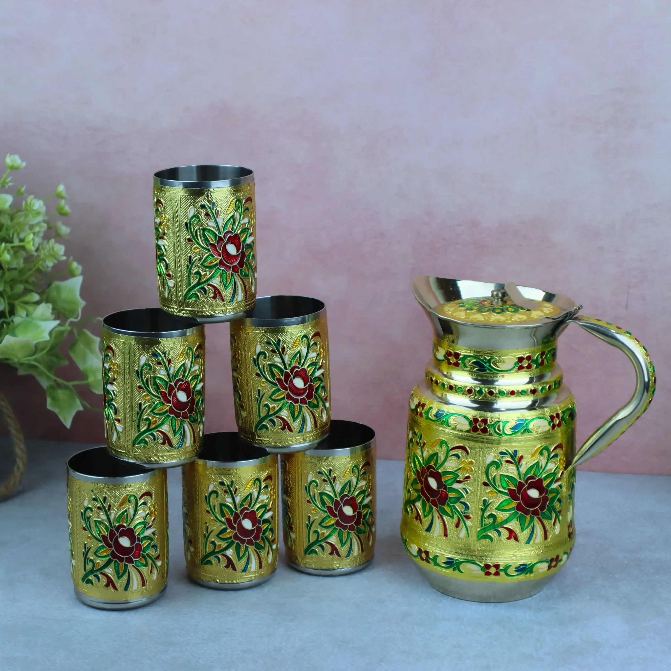 4x4 N1565 Flower Jug Glass Set 1 Flower Meenakari Jug Set drinking set