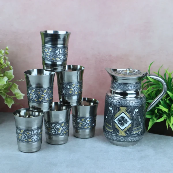 Oxidized Meenakari jug set with 6 glasses