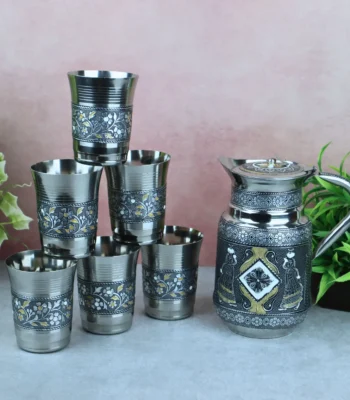 Oxidized Meenakari jug set with 6 glasses