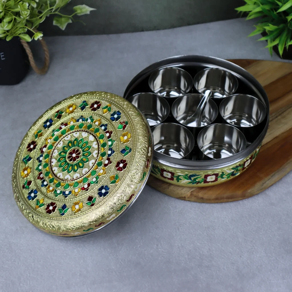 Floral Meenakari masala dabba with 7 containers