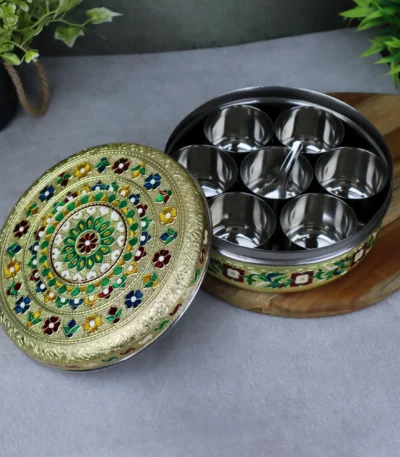 Floral Meenakari masala dabba with 7 containers