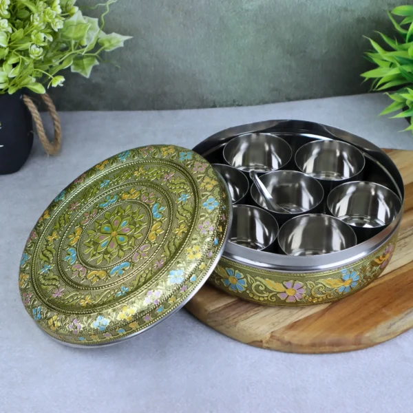 Golden oxidized Meenakari stainless steel spice organiser