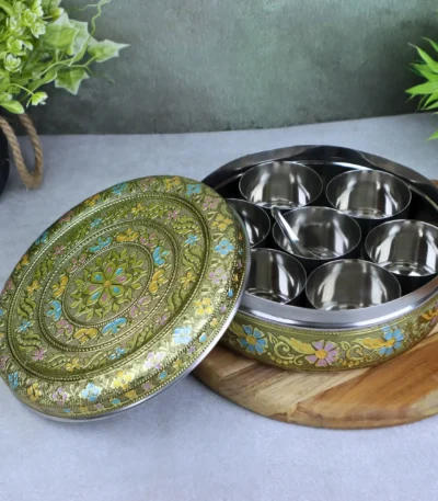 Golden oxidized Meenakari stainless steel spice organiser