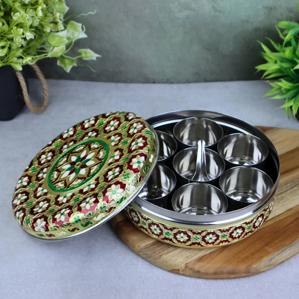 Red floral Meenakari masala dabba with containers