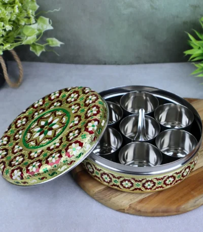 Red floral Meenakari masala dabba with containers