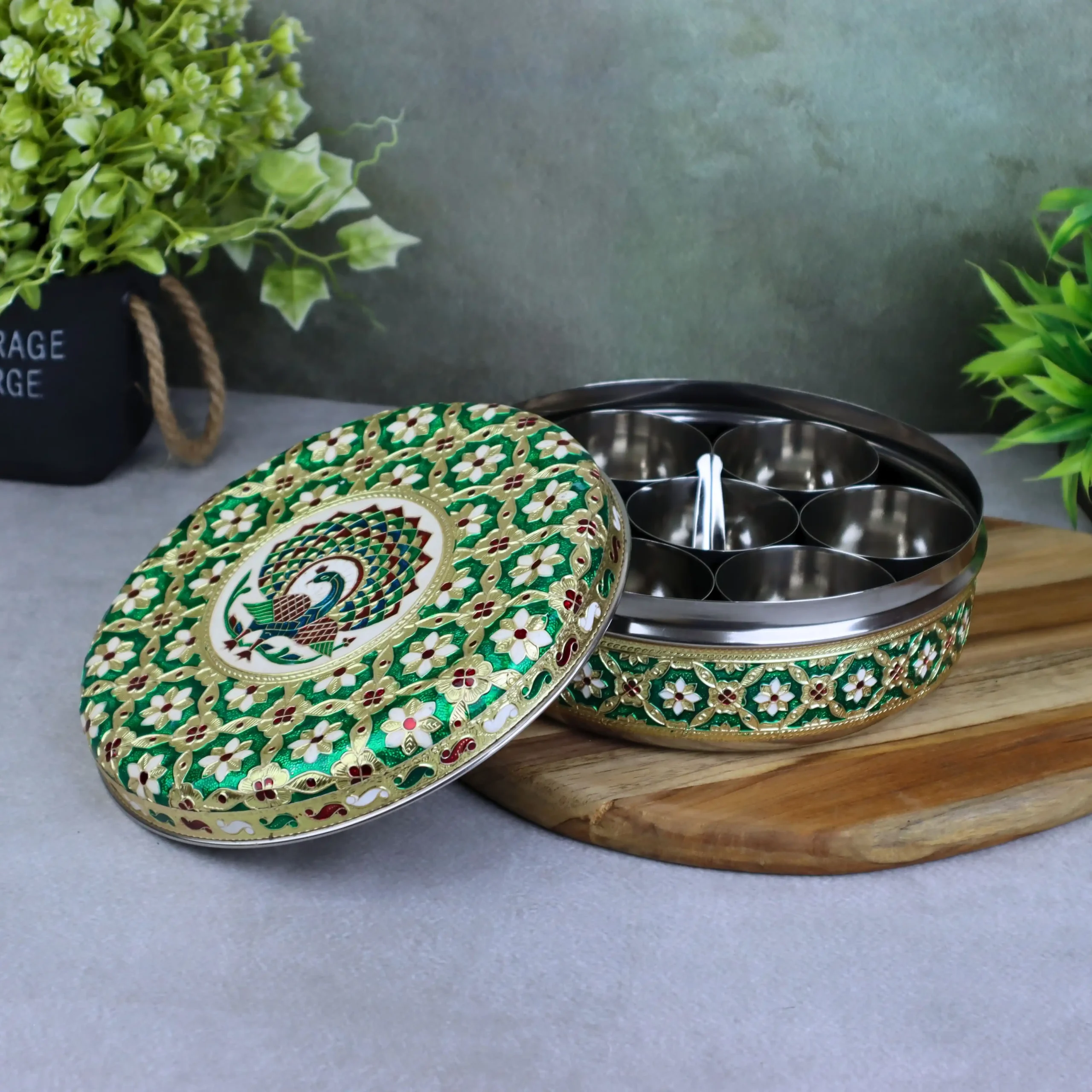 4x4 N1581 Green Peacock Spice Box Big 1 Green peacock stainless steel spice organiser