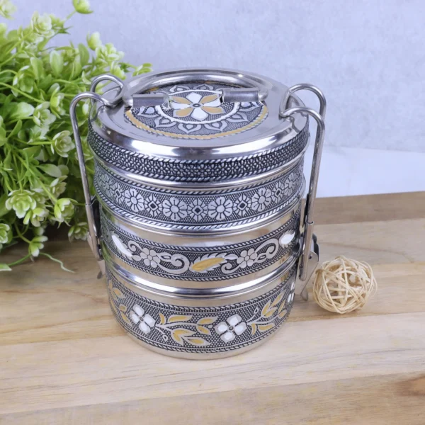 Stainless steel meenakari lunch box with handle