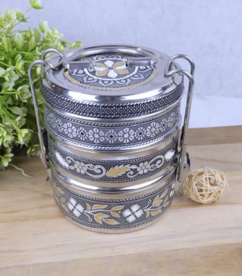 Stainless steel meenakari lunch box with handle