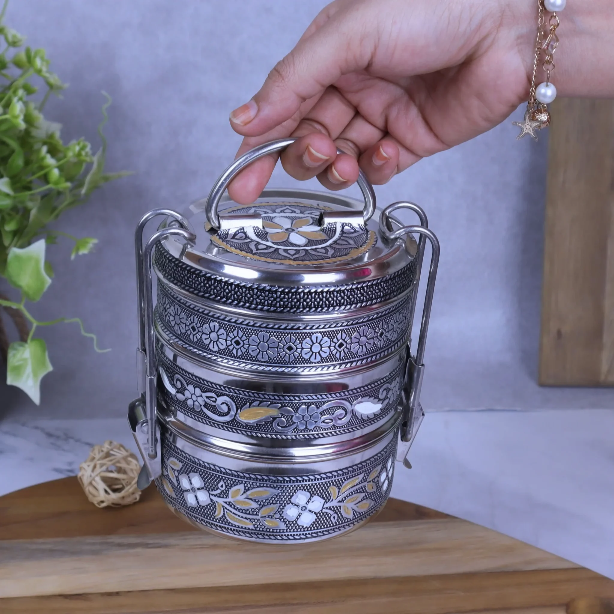 Stainless steel meenakari lunch box with handle