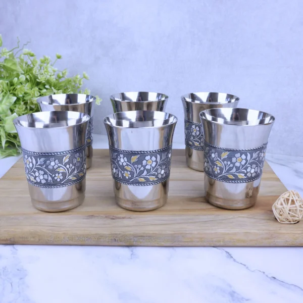 Silver oxidized Meenakari stainless steel glasses