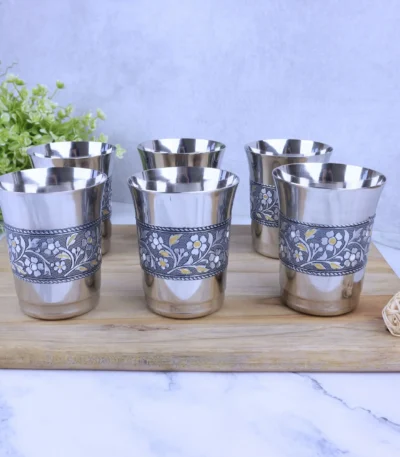 Silver oxidized Meenakari stainless steel glasses