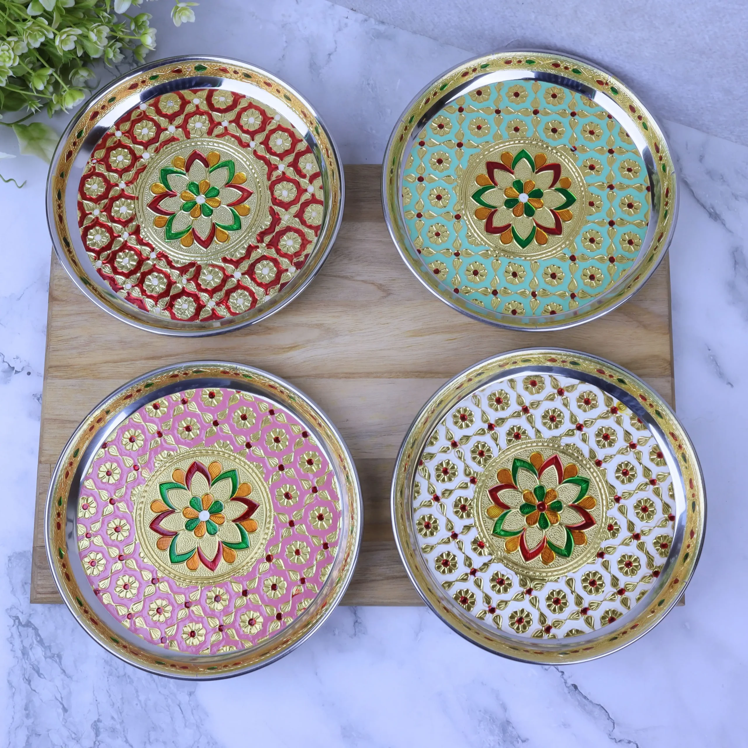 4x4 N1590 Pooja Thali 7 inch (Pack of 4) - 1 Multicolor aarti thali set of 4 Stainless Steel