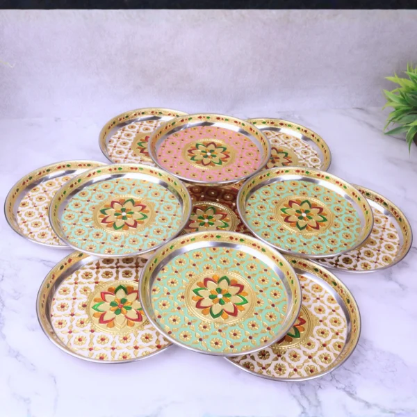 Meenakari stainless steel pooja plate set of 12