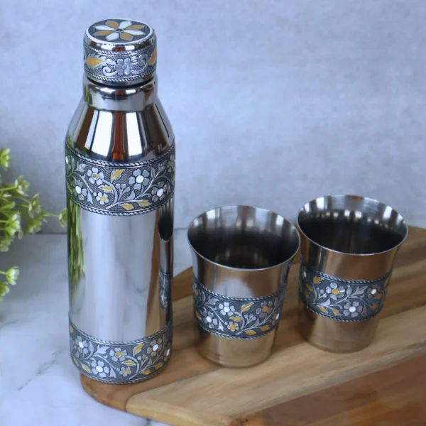 Stainless steel Meenakari water bottle with glasses