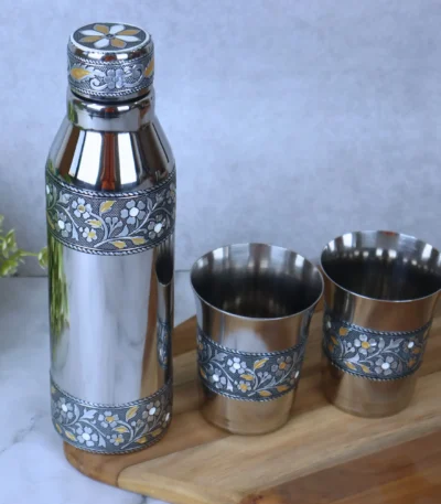Stainless steel Meenakari water bottle with glasses