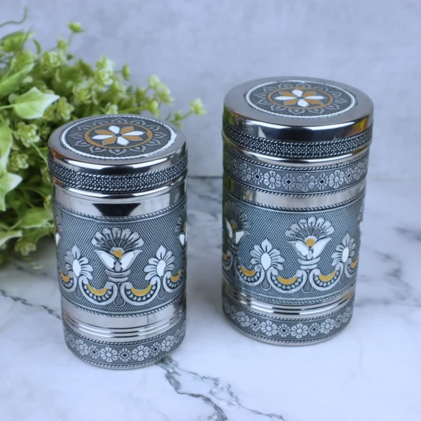 Stainless steel oxidized Meenakari kitchen containers